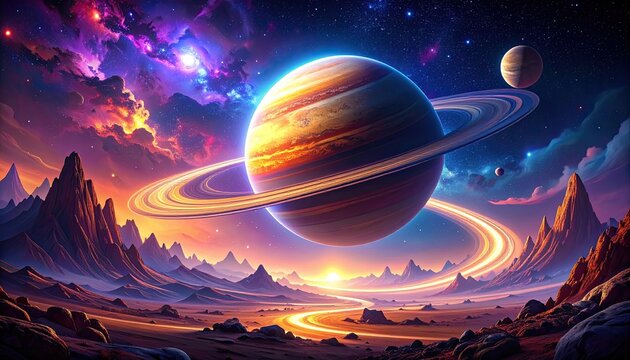 Cosmic landscape with ringed planet