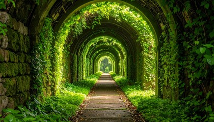 Fototapeta premium Walking Through Lush Green Arched Tunnel Path