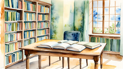 Watercolor Library with Open Books