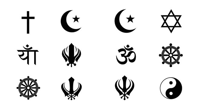 A collection of black and white icons representing various world religions and spiritual traditions on a white background.