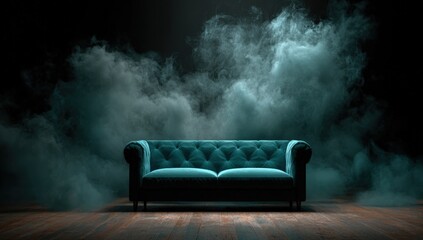 Teal velvet sofa in a smoky room (1)