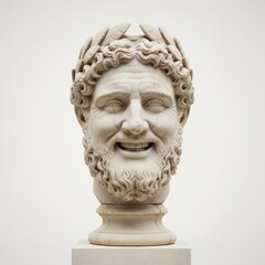 Ancient marble statue head of a smiling Greek god  