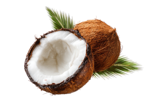 Two coconuts, one split open, with palm fronds