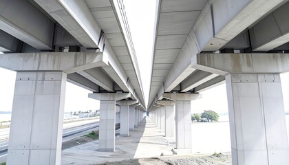 Highway overpass, concrete supports,  underneath view