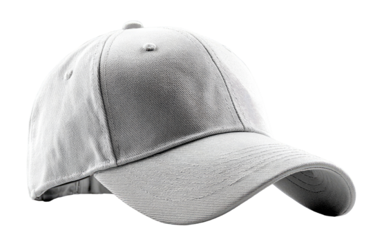 A plain, light gray baseball cap.  It's angled to the right, showing the curved visor and the structured crown.  The fabric appears smooth and unadorned