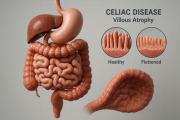 Celiac Disease Illustration with Villi Comparison: Healthy vs. Flattened, Digestive System Anatomy [Illustration]