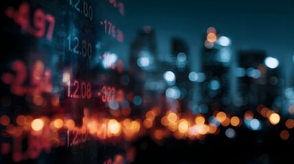 Digital financial data and market numbers overlay a blurred vibrant city skyline at night depicting global economic activity and modern technology