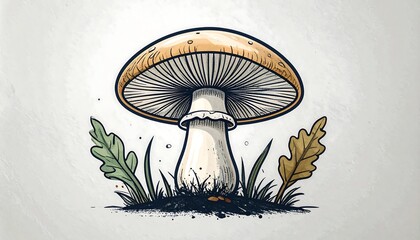 A detailed illustration of a mushroom, nestled among autumnal leaves and grass, set against a neutral backdrop.