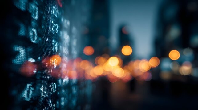 Digital index numbers and financial data illuminate a blurred urban city skyline at night representing global market trends and investment - Powered by Adobe