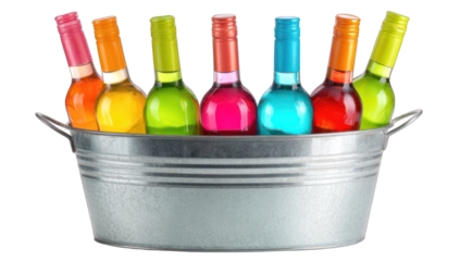 Colorful wine bottles in a metal tub