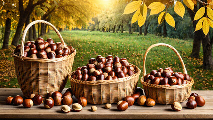 Baskets of Chestnuts on a Wooden Table