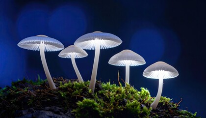 Fototapeta premium Glowing mushrooms on mossy ground at night