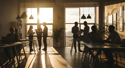 Silhouettes of colleagues collaborating and conversing in a bright modern workspace with large windows at sunset