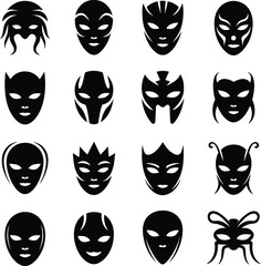 Futuristic Mask Icon Set – Stylized Black & White Vector Grid for Character & Costume Design.