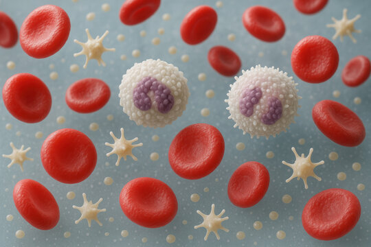 Blood cells, red blood cells, white blood cells and platelets, Illustration