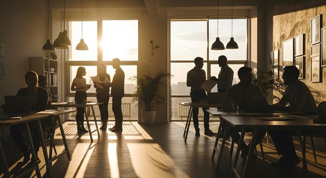 Silhouettes of colleagues collaborating and conversing in a bright modern workspace with large windows at sunset