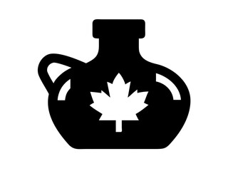 Black maple syrup jug with a white maple leaf on it in a simple vector style with a handle on the side