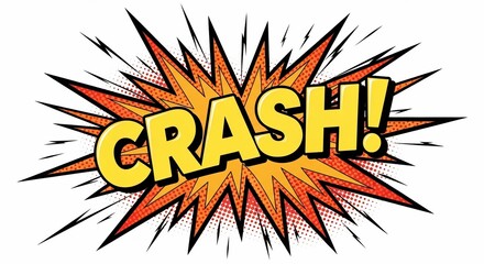 Crash Comic book explosion: A dynamic pop art explosion CRASH! is conveyed, the impactful word bursting from the center, amplified by lines and an animated shape.