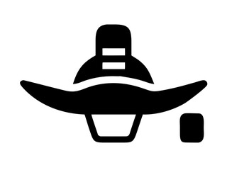 Black silhouette of a pilgrim hat with a brim and a rectangular object to the side on white background