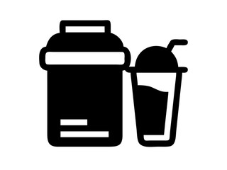 Black silhouette of a protein shaker bottle and a drink cup with a straw on a white background