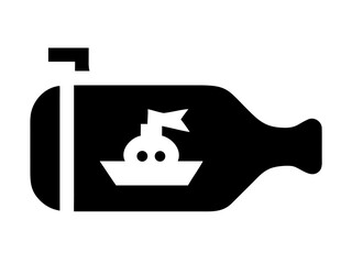 Illustration of a ship inside a bottle with a flag and a mailbox post in black and white colors