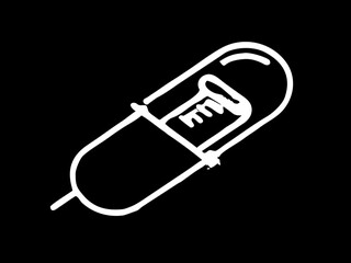 Illustration of a white light bulb inside a capsule shape on a black background in simple line art