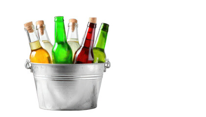 Several beverage bottles in a metal bucket