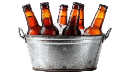 Iced beer bottles in a galvanized metal bucket