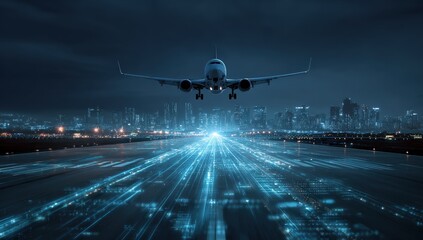 Airplane landing at night over a futuristic city (1)