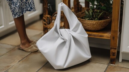 Unique white bag resting on the kitchen floor bringing a touch of modern design to a cozy home environment