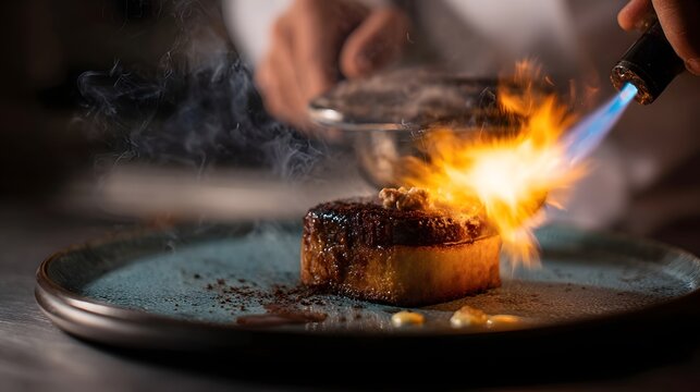 A professional chef precisely caramelizes a gourmet dessert with a blowtorch showcasing modern culinary techniques in a warm restaurant setting