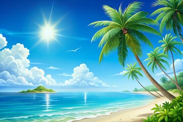 Fototapeta premium Vibrant tropical paradise beach scene with palm trees and sunny sky