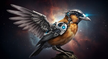 Cybernetic Avian: A digitally crafted fusion of nature and technology, where a robotic bird with intricate mechanical detailing takes flight amidst a captivating starry expanse. 