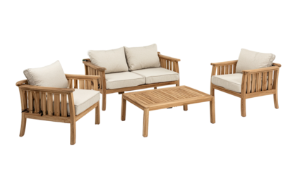 Light-brown wooden outdoor furniture set.  Cream-colored cushions