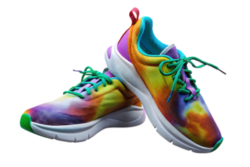 Colorful tie dye running sneakers with green laces isolated on a transparent background 1