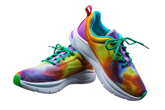 Colorful tie dye running sneakers with green laces isolated on a transparent background 1