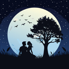 Romantic couple silhouette under full moon and tree love stars night sky vector illustration