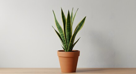 A clean shot of a snake plant in a minimalist pot