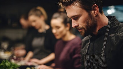 Focused man in chef s uniform diligently cooks with a group during a professional culinary class in a modern ambient kitchen setting