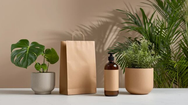 Eco friendly items with plants on a table. Sustainable living concept with nature, green product and clean design footage.