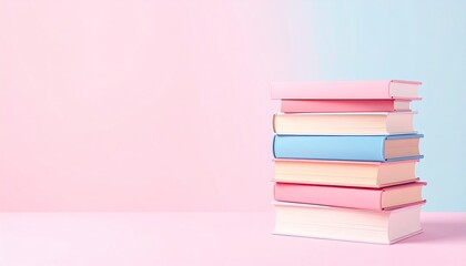 Stack of pastel-colored books on a pastel pink and light blue background