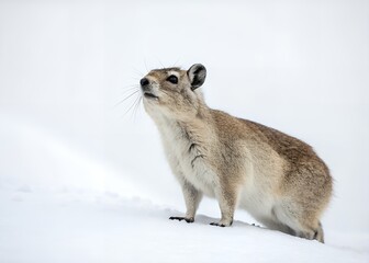 Naklejka premium A fluffy marmot sits alertly in a snowy landscape