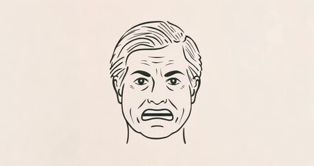 Starting neutral face, line drawing senior male progressing into fearful grimace on beige backdrop - Powered by Adobe