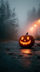 Spooky jack-o'-lantern glowing on a misty road during twilight, Halloween ambiance
