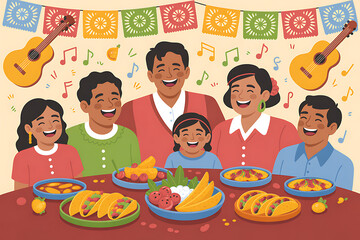 Joyful family gathering celebration with music food and festive decorations