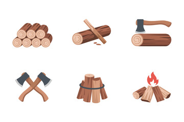 Firewood and timber vector illustrations, stacked logs, chopping axe, woodpile bundle, cut timber sections, outdoor camp supply graphics