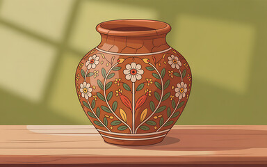 Ornate traditional clay pot with floral designs on a wooden surface