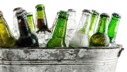 Several chilled beer bottles in a metal bucket