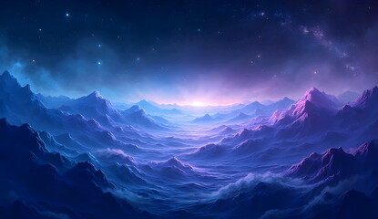 Mountain peak covered with snow under a clear blue sky, a stunning view of a winter landscape at sunrise