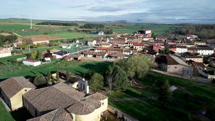 Aerial view of San Pelayo Romanesque Abbey and cemetery in Arenillas de San Pelayo © Agustin